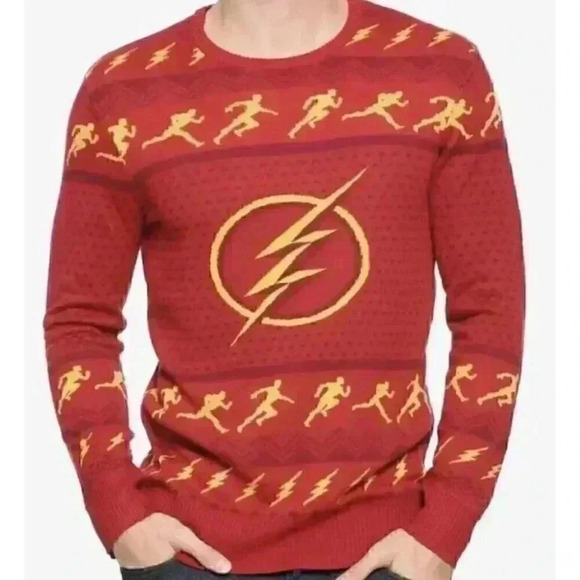 BoxLunch Mens Medium The Flash DC Comics Knit Sweater Ugly Christmas Fair Isle - Picture 1 of 9